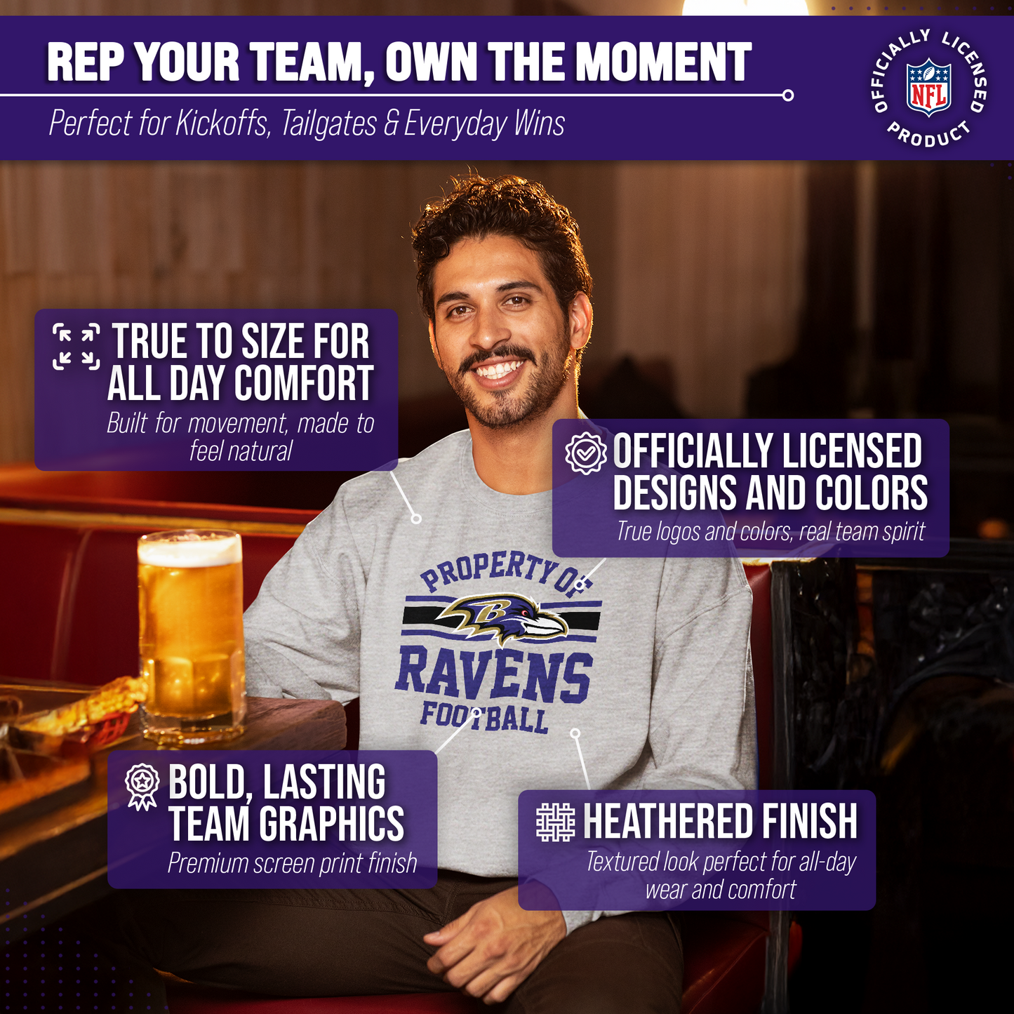 Baltimore Ravens NFL Adult Property Of Crewneck Fleece Sweatshirt - Sport Gray