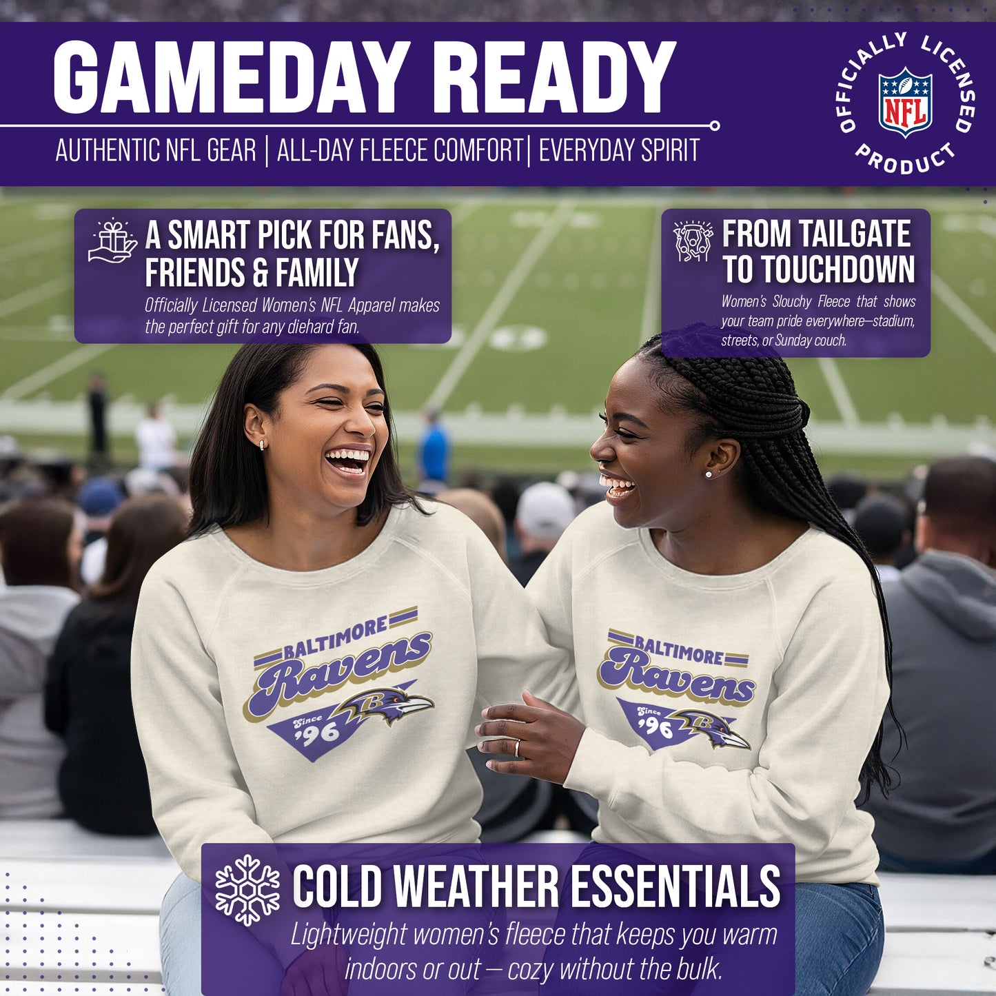 Baltimore Ravens NFL Womens Vintage Charm Slouchy Crewneck - Birch