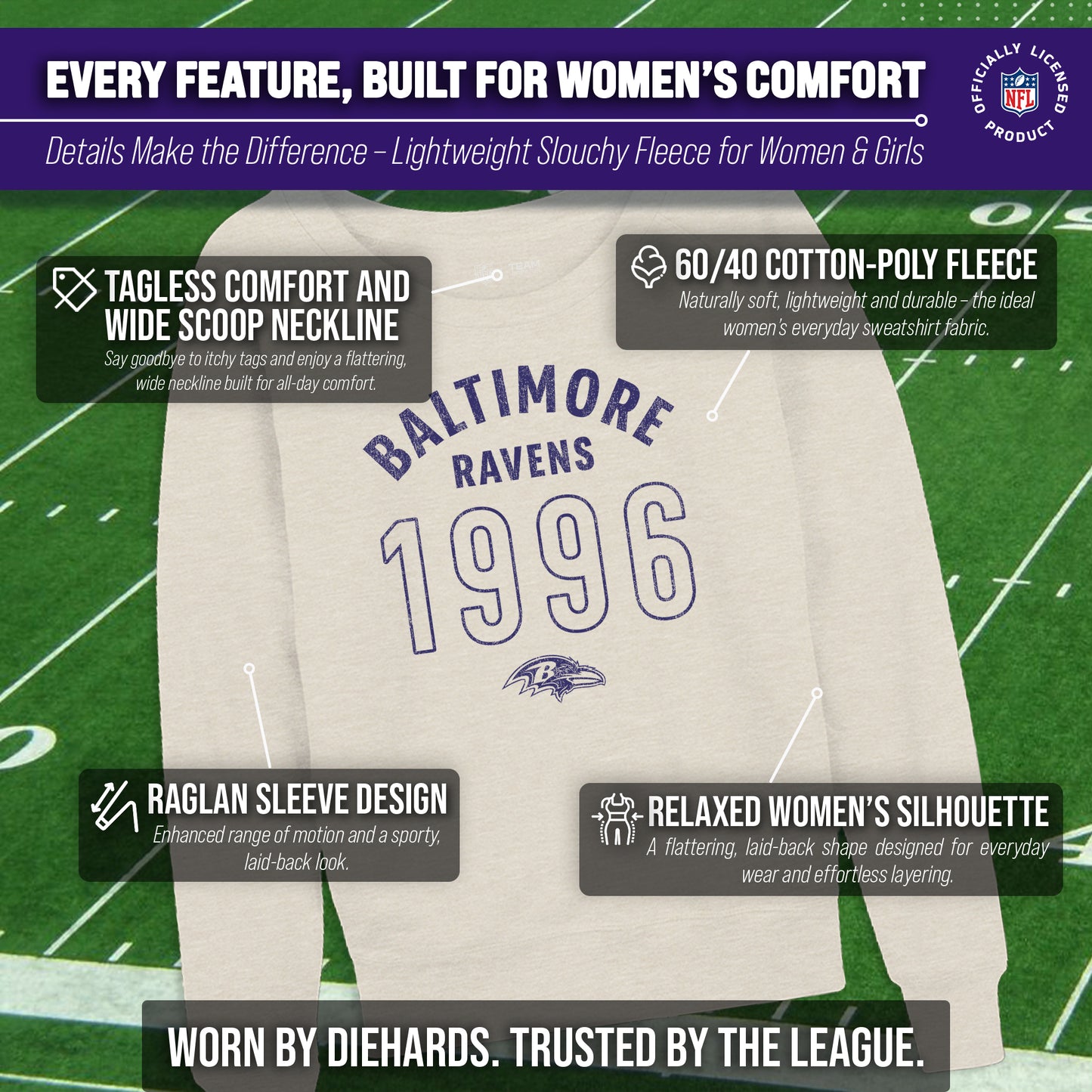 Baltimore Ravens NFL Womens Big Date Slouchy Crewneck - Natural