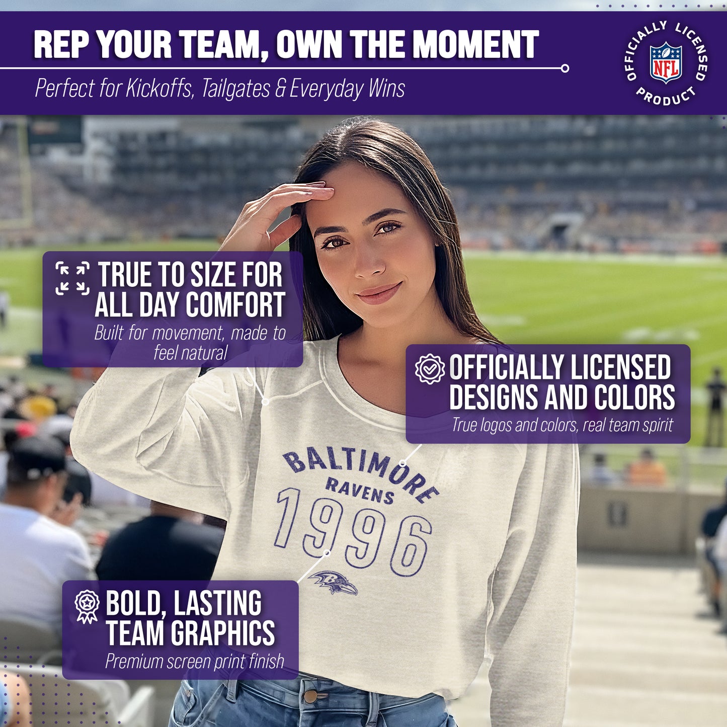 Baltimore Ravens NFL Womens Big Date Slouchy Crewneck - Natural