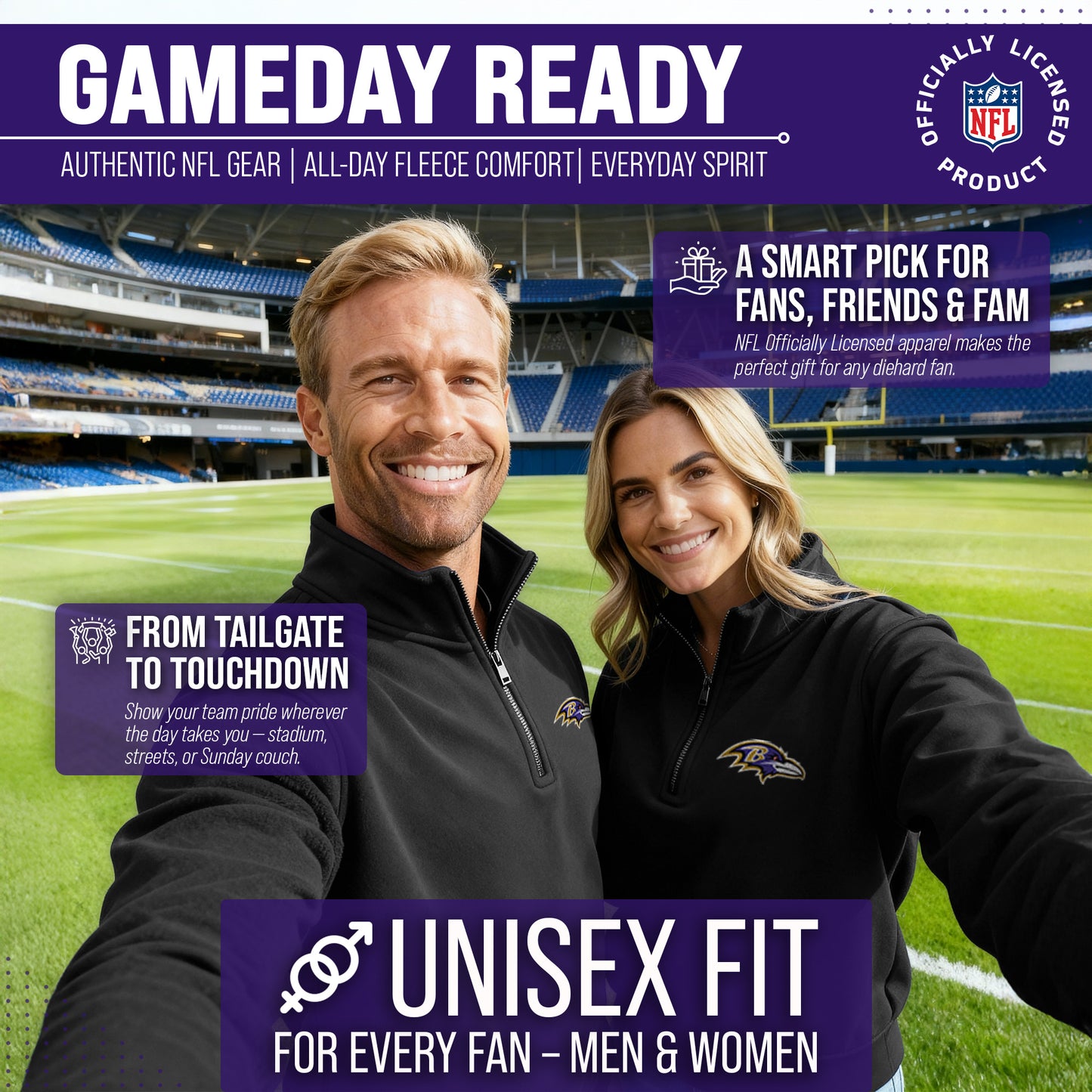 Baltimore Ravens NFL Adult Unisex Team Logo Quarter Zip Pullover Sweatshirt - Black