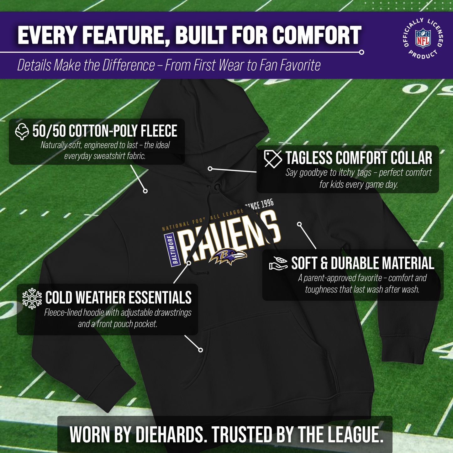 Baltimore Ravens NFL Adult Unisex Modern Endzone Soft Fleece Hooded Sweatshirt - Black