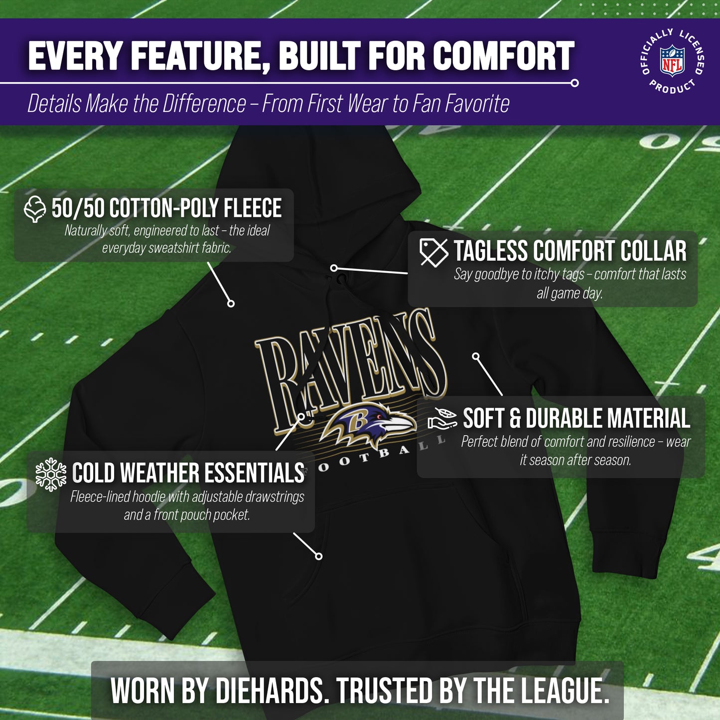 Baltimore Ravens NFL Adult Unisex Overtime Blueprint Soft Fleece Hooded Sweatshirt - Black