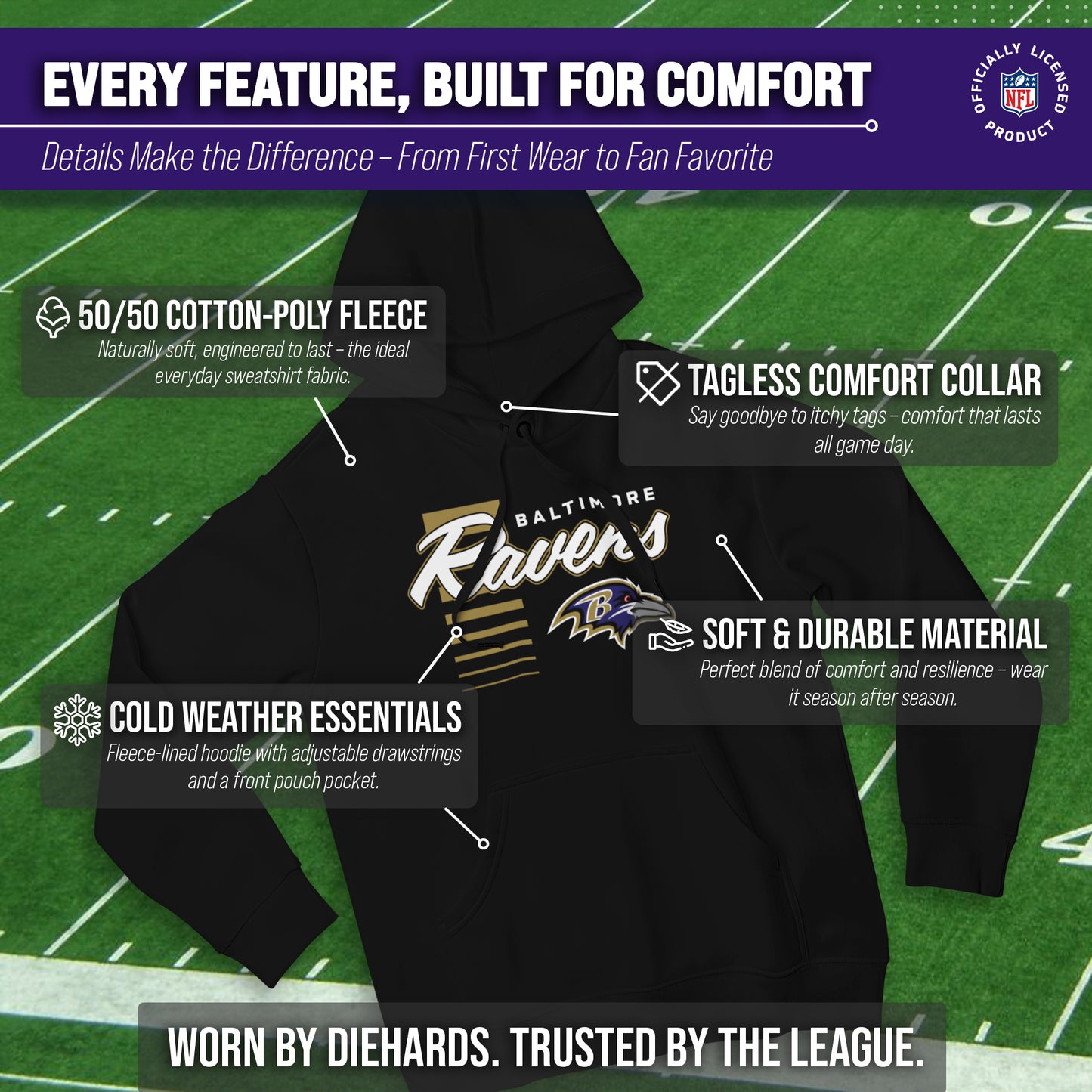 Baltimore Ravens NFL Adult Unisex Retro Script Ultra Soft Fleece Hooded Sweatshirt - Black