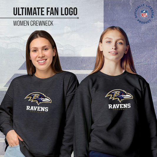 Baltimore Ravens Women's NFL Ultimate Fan Logo Slouchy Crewneck -Tagless Fleece Lightweight Pullover - Charcoal