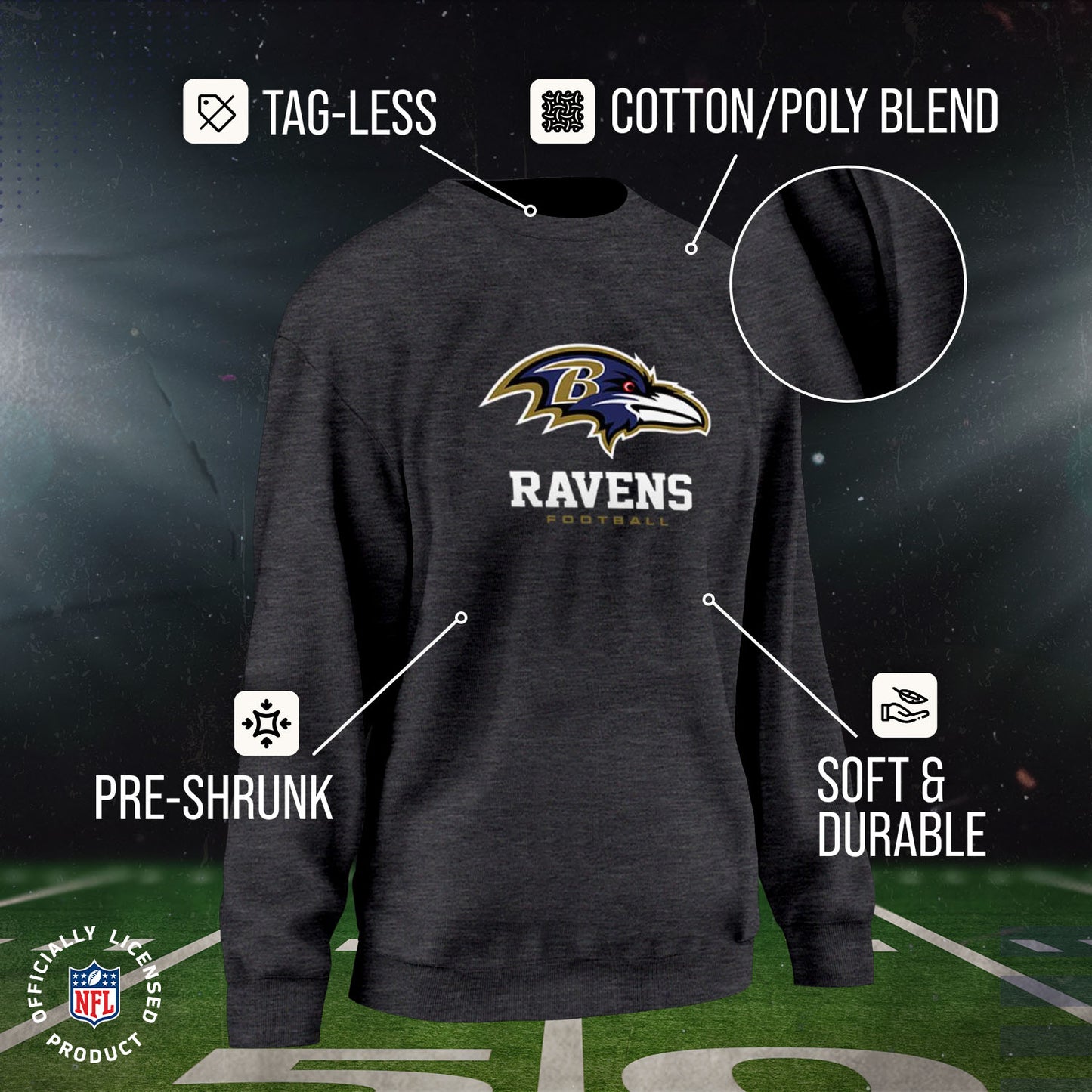 Baltimore Ravens Women's NFL Ultimate Fan Logo Slouchy Crewneck -Tagless Fleece Lightweight Pullover - Charcoal