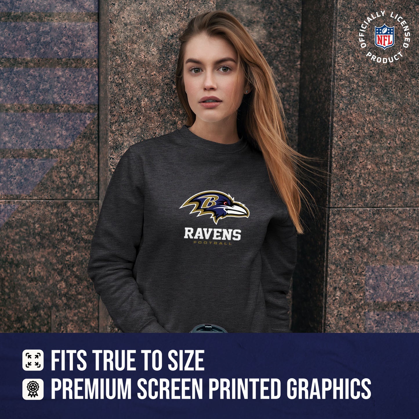 Baltimore Ravens Women's NFL Ultimate Fan Logo Slouchy Crewneck -Tagless Fleece Lightweight Pullover - Charcoal
