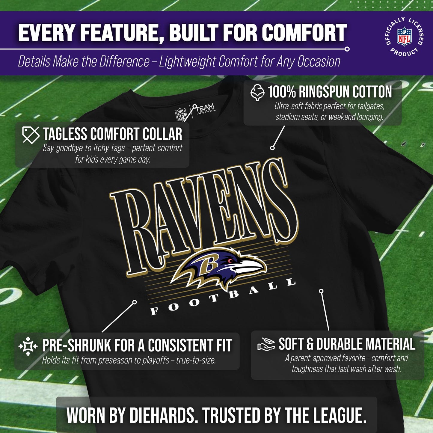 Baltimore Ravens NFL Youth Overtime Blueprint Football T-Shirt Unisex Tag Free Comfortable - Black
