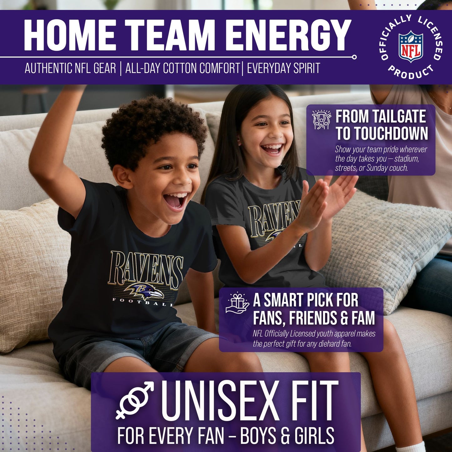 Baltimore Ravens NFL Youth Overtime Blueprint Football T-Shirt Unisex Tag Free Comfortable - Black