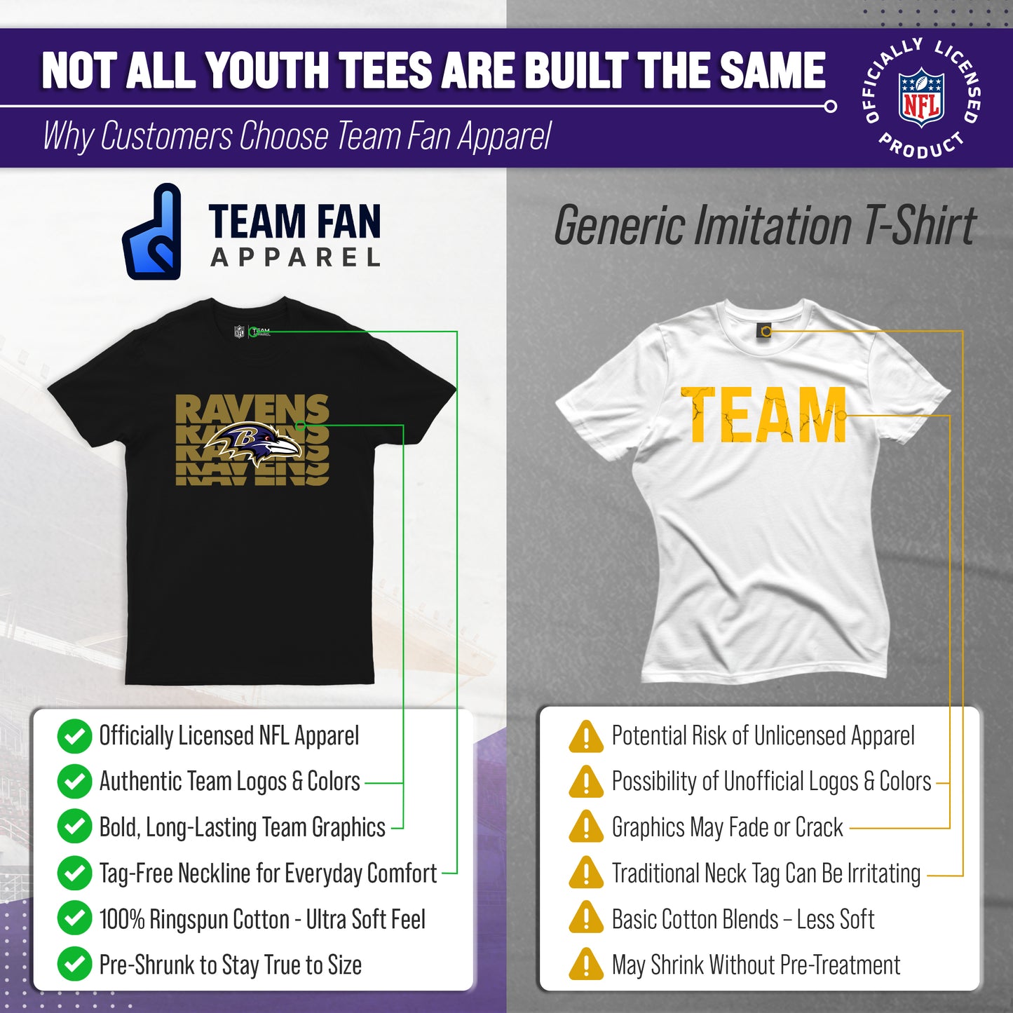 Baltimore Ravens NFL Youth Repeating Logo Football T-Shirt Unisex Tag Free Comfortable - Black