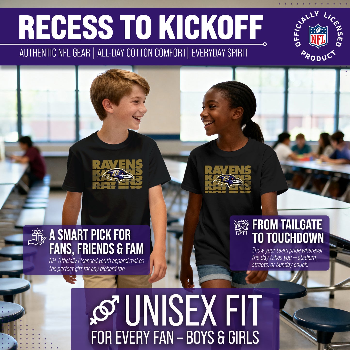 Baltimore Ravens NFL Youth Repeating Logo Football T-Shirt Unisex Tag Free Comfortable - Black