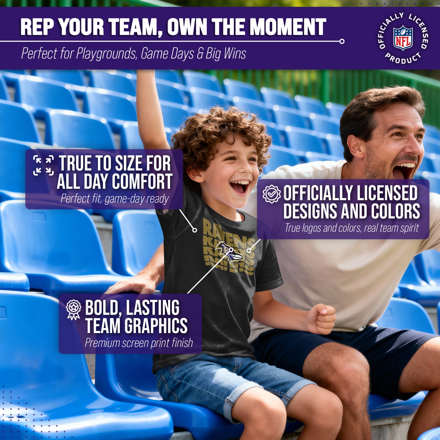 Baltimore Ravens NFL Youth Repeating Logo Football T-Shirt Unisex Tag Free Comfortable - Black