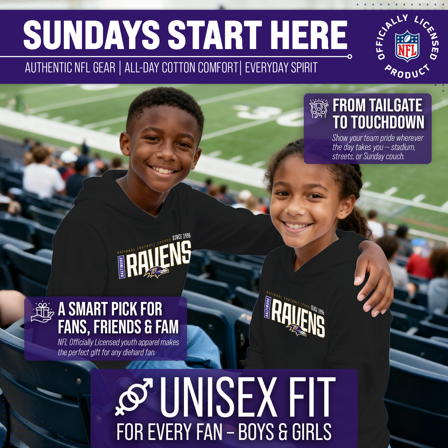 Baltimore Ravens NFL Youth Modern Endzone Football Fleece Hooded Sweatshirt - Black