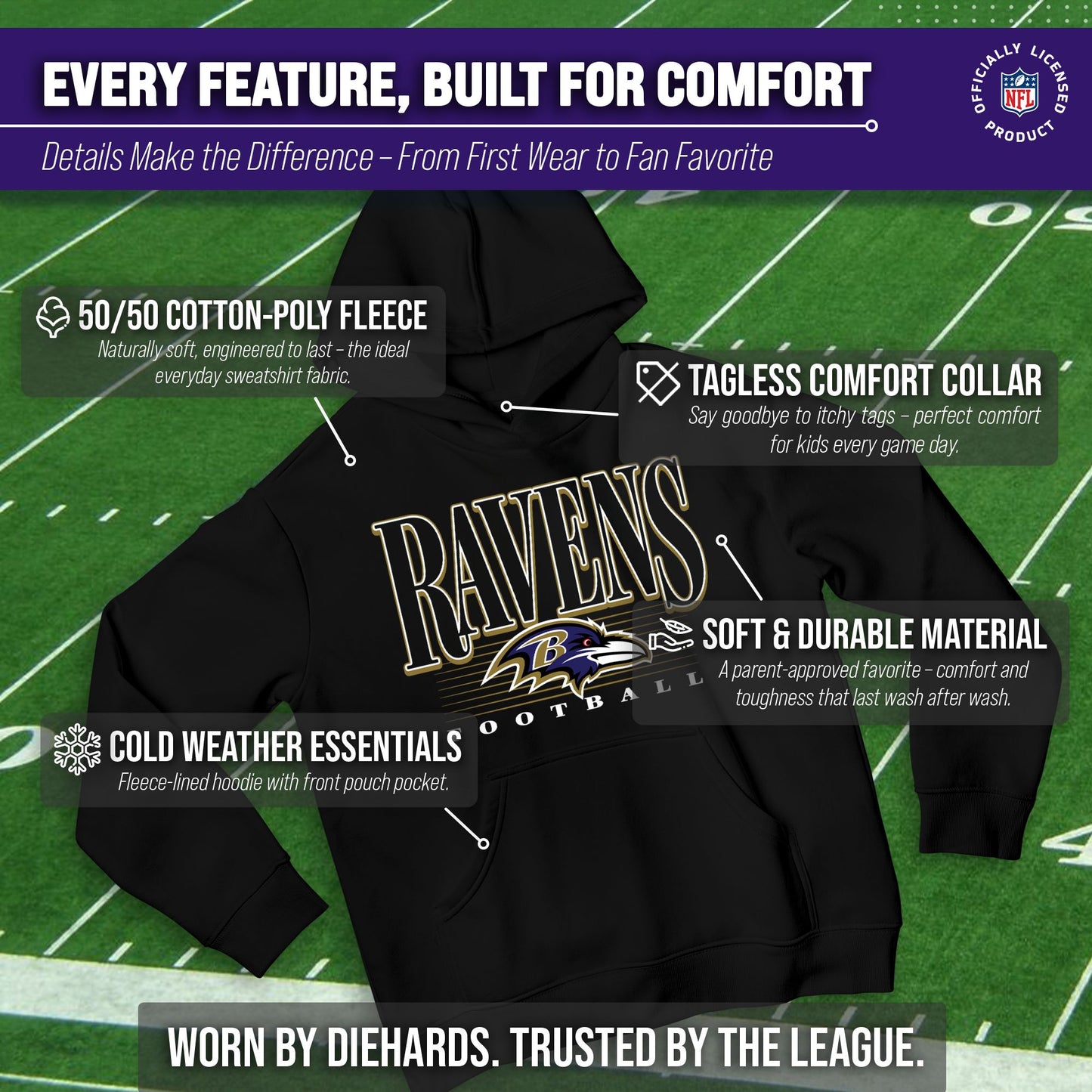 Baltimore Ravens NFL Youth Overtime Blueprint Football Fleece Hooded Sweatshirt - Black