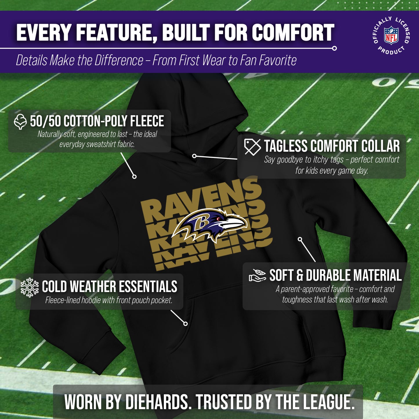 Baltimore Ravens NFL Youth Repeating Logo Football Fleece Hooded Sweatshirt - Black