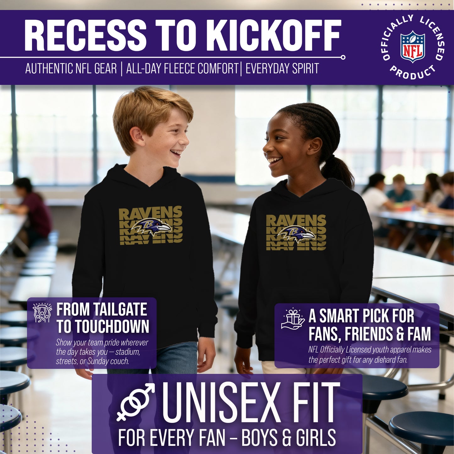 Baltimore Ravens NFL Youth Repeating Logo Football Fleece Hooded Sweatshirt - Black