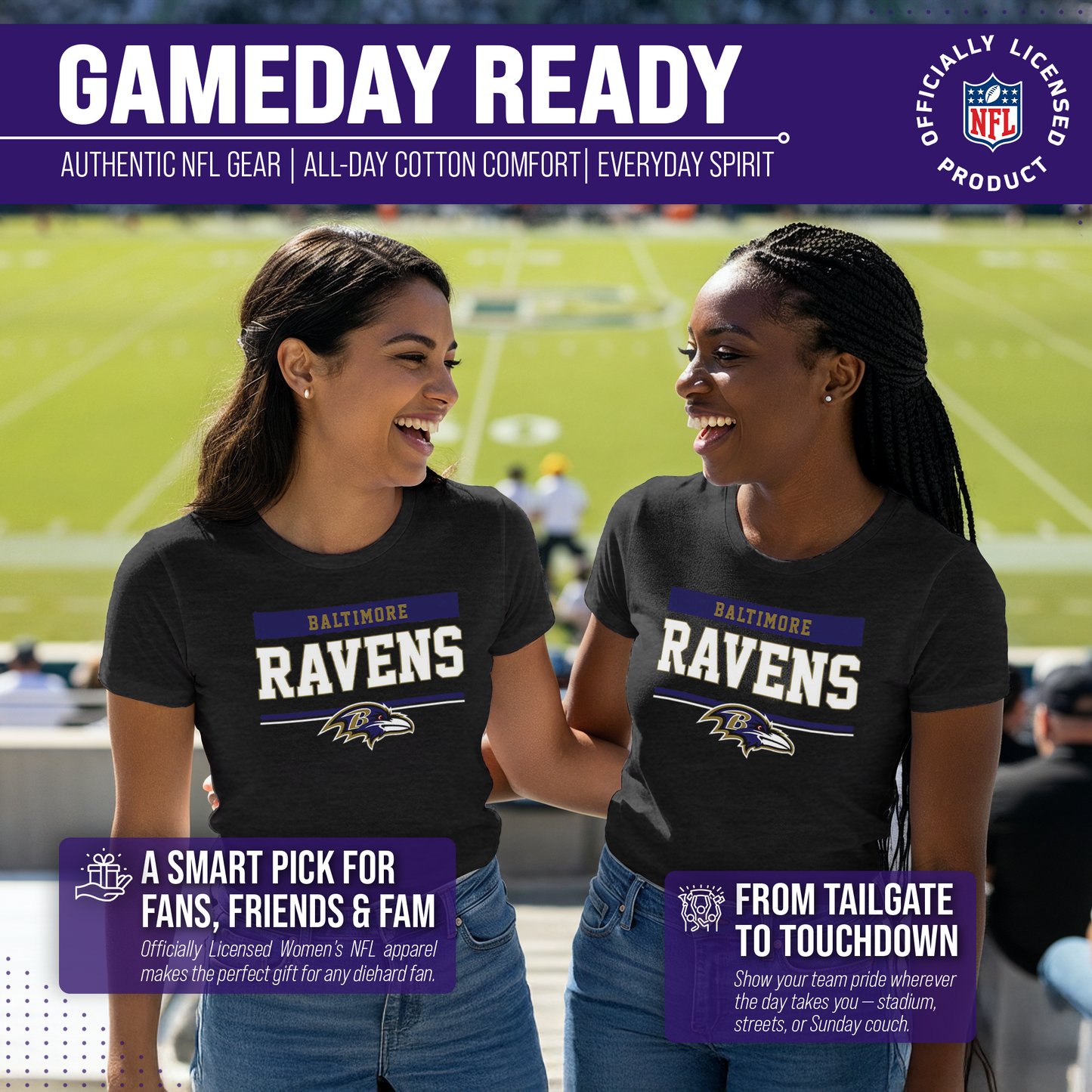 Baltimore Ravens NFL Women's Team Block Charcoal Tagless T-Shirt - Charcoal