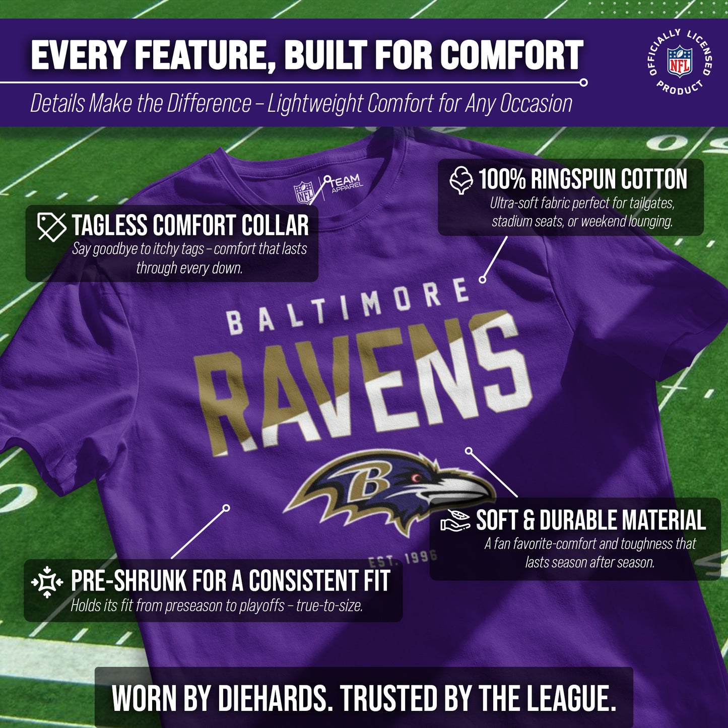 Baltimore Ravens Adult NFL Diagonal Fade Color Block T-Shirt - Purple