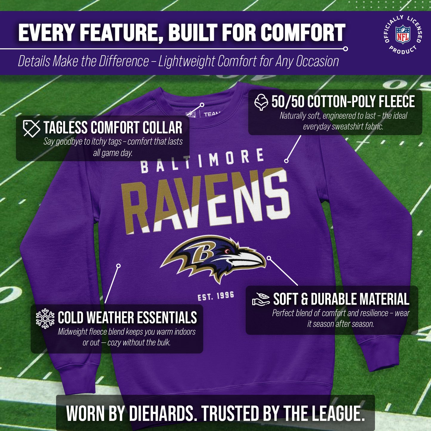 Baltimore Ravens Adult NFL Diagonal Fade Color Block Crewneck Sweatshirt - Purple