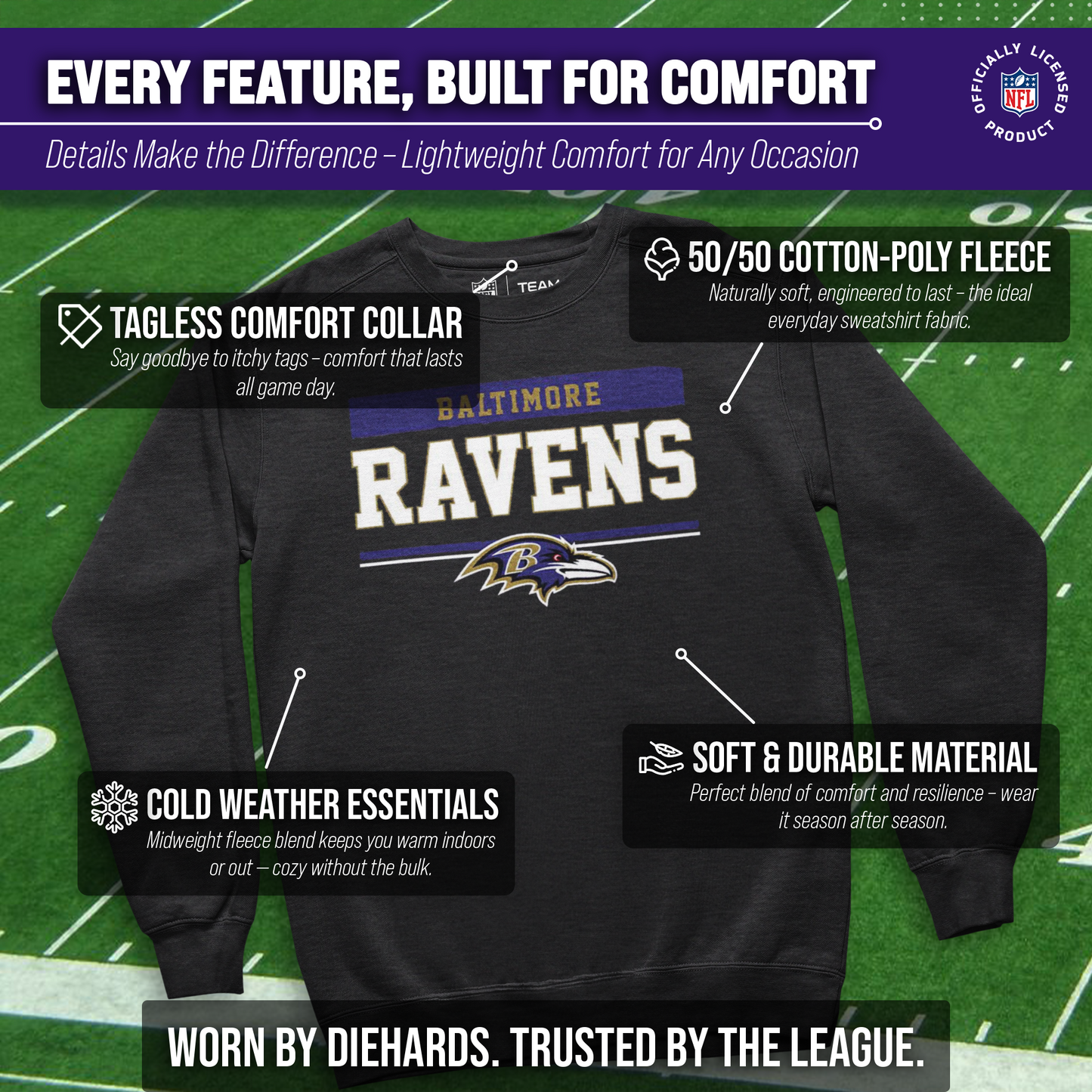 Baltimore Ravens NFL Adult Long Sleeve Team Block Charcoal Crewneck Sweatshirt - Charcoal