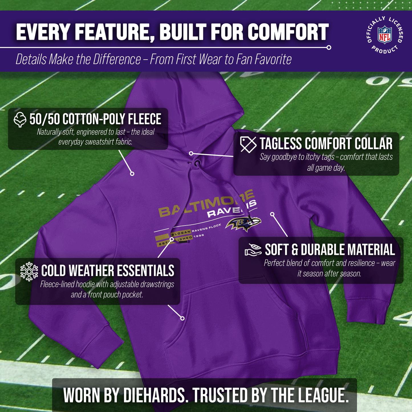 Baltimore Ravens Adult NFL Speed Stat Sheet Fleece Hooded Sweatshirt - Purple