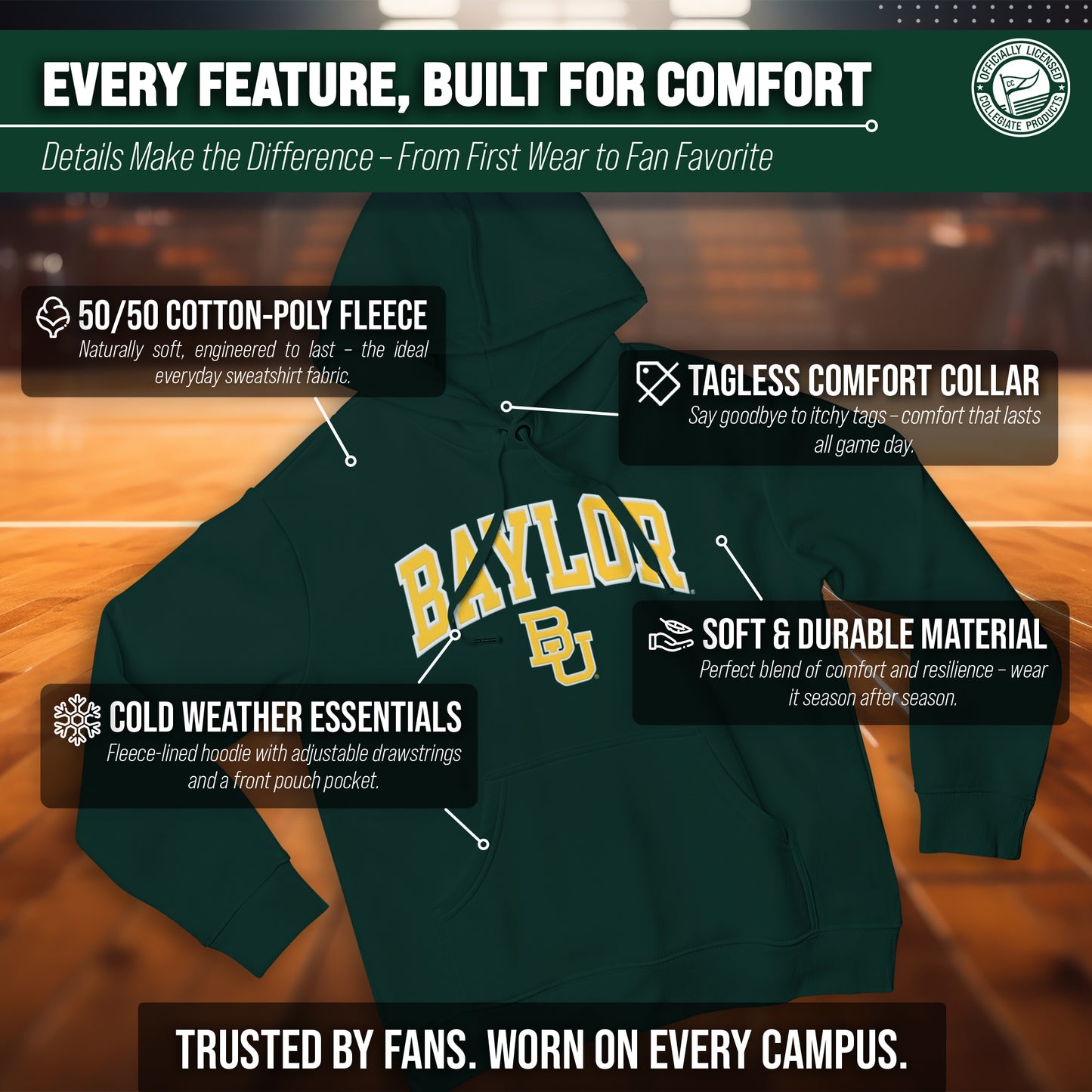 Baylor Bears NCAA Adult Tackle Twill Hooded Sweatshirt - Green