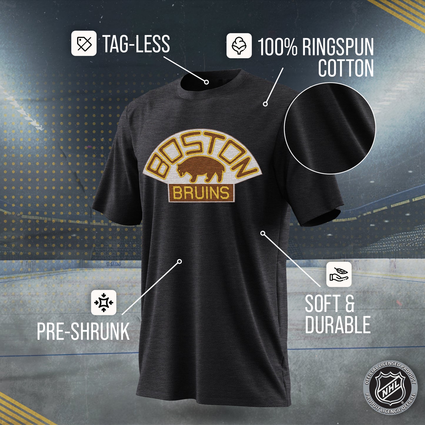 Boston  Bruins NHL Adult Retro Logo Tag-Less T-Shirt - Black Heather