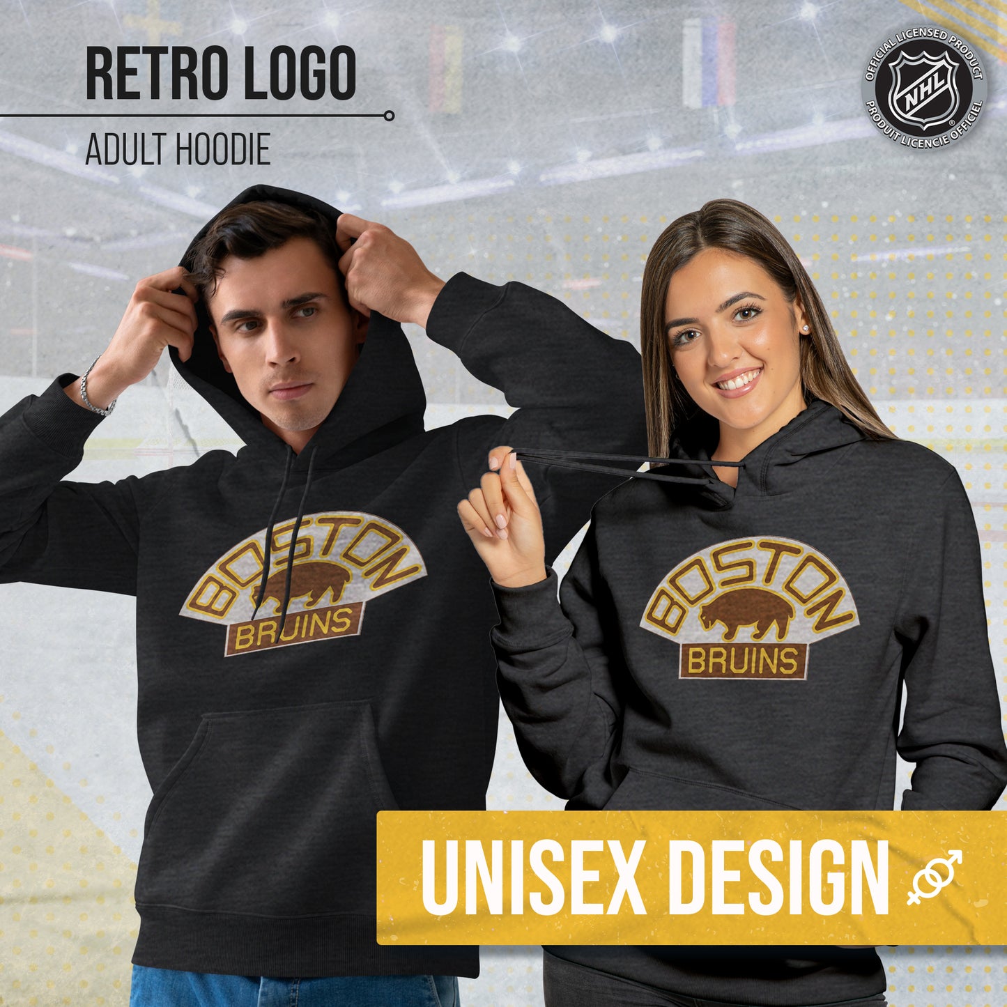 Boston  Bruins Adult NHL Retro Logo Hockey Fleece Hooded Sweatshirt - Black Heather