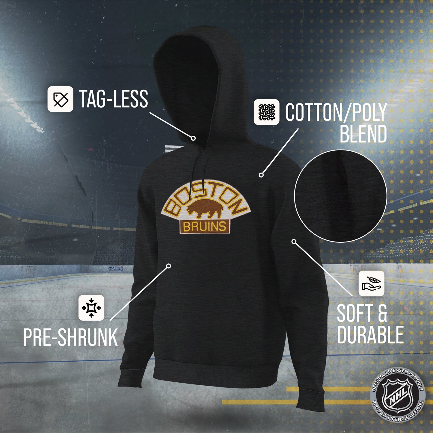 Boston  Bruins Adult NHL Retro Logo Hockey Fleece Hooded Sweatshirt - Black Heather