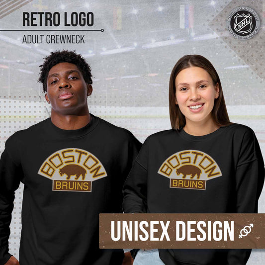 Boston  Bruins Adult NHL Retro Logo Hockey Fleece Crewneck Sweatshirt - Black Heather