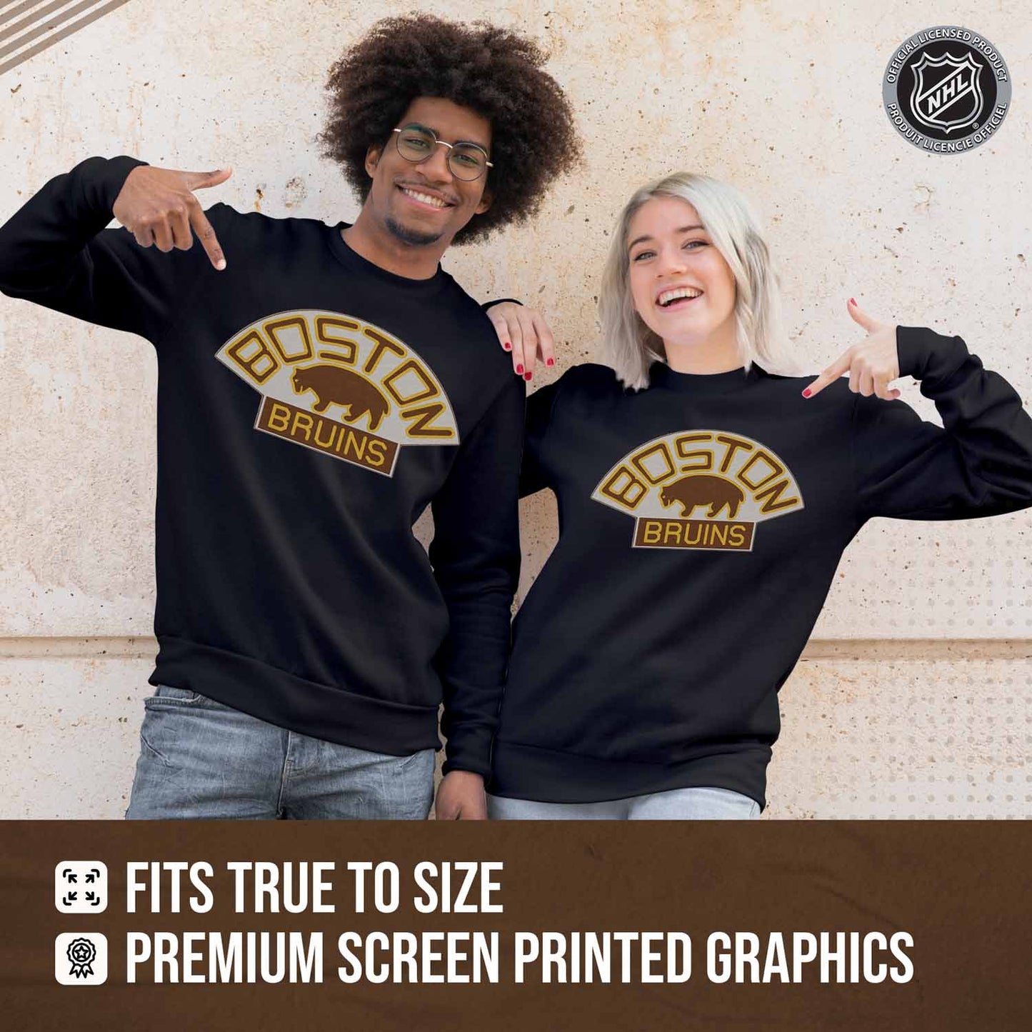 Boston  Bruins Adult NHL Retro Logo Hockey Fleece Crewneck Sweatshirt - Black Heather