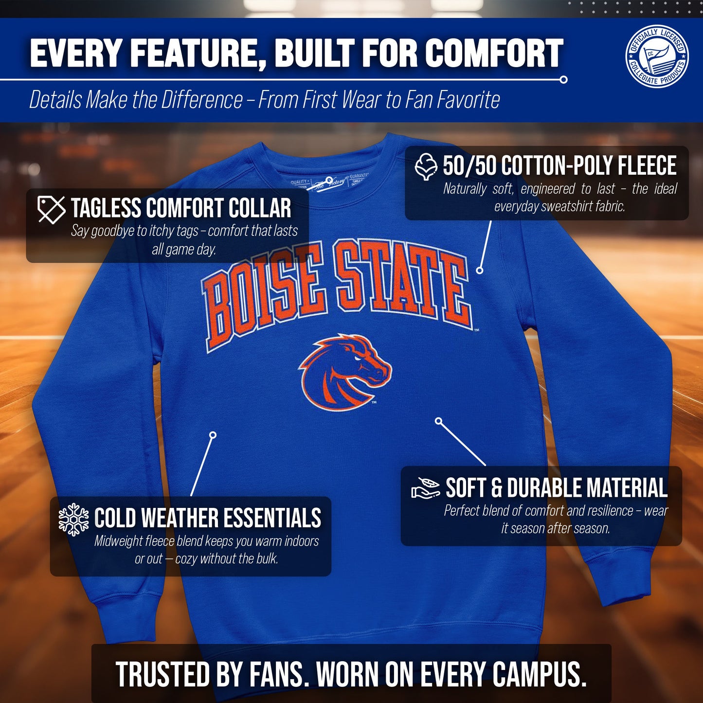 Boise State Broncos Adult Arch & Logo Soft Style Gameday Crewneck Sweatshirt - Royal