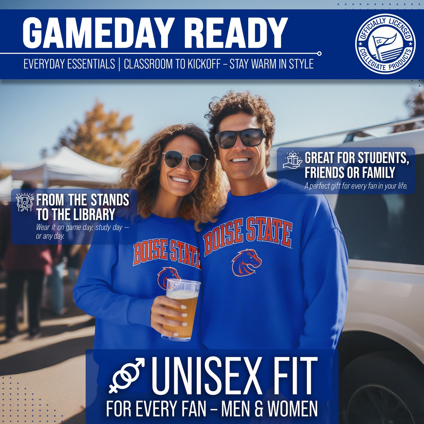 Boise State Broncos Adult Arch & Logo Soft Style Gameday Crewneck Sweatshirt - Royal