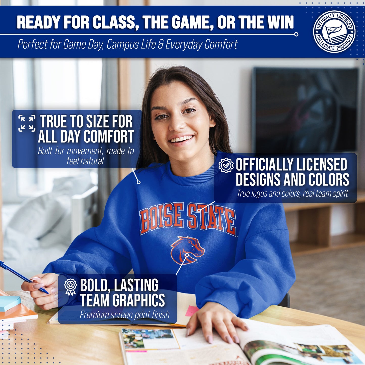 Boise State Broncos Adult Arch & Logo Soft Style Gameday Crewneck Sweatshirt - Royal