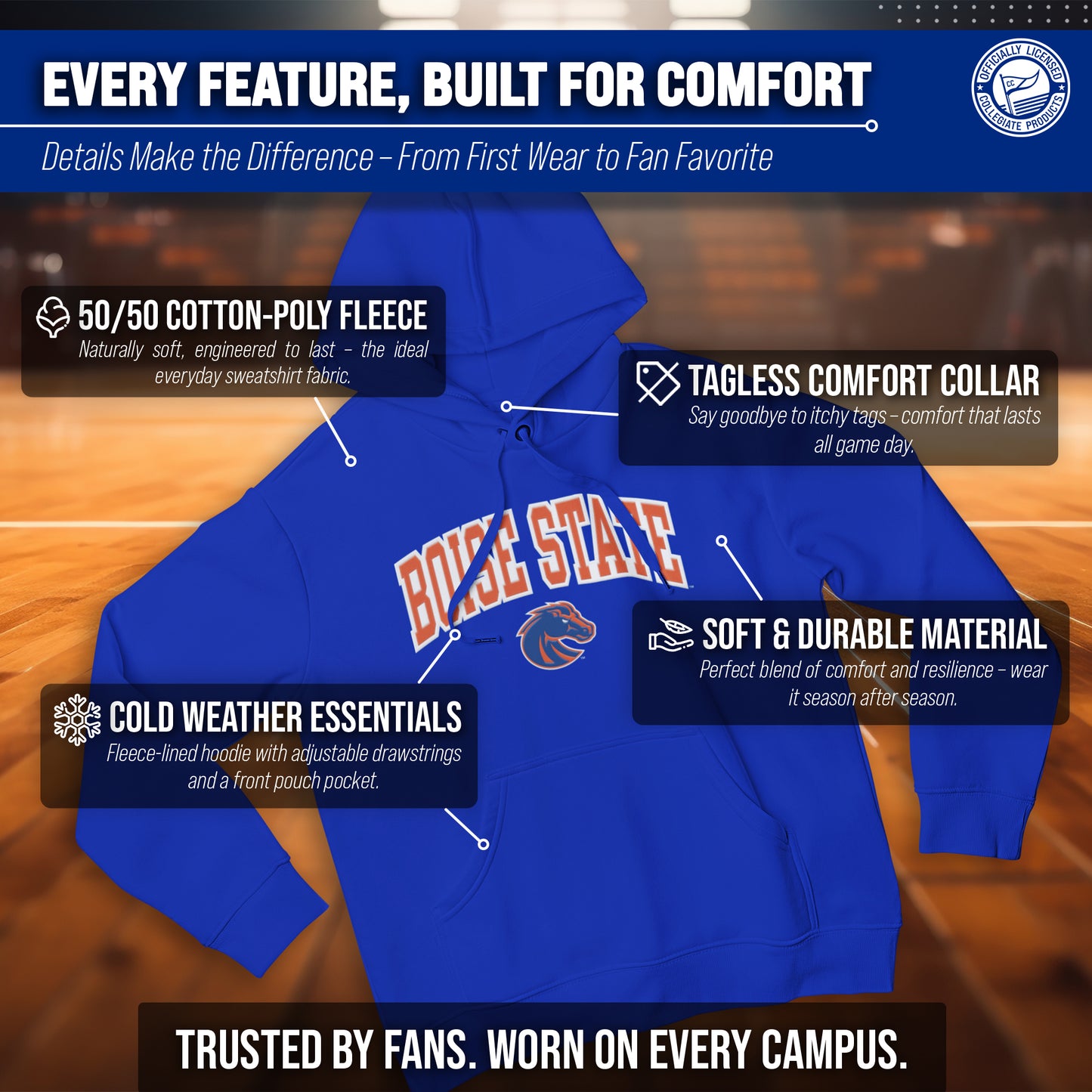 Boise State Broncos NCAA Adult Tackle Twill Hooded Sweatshirt - Royal