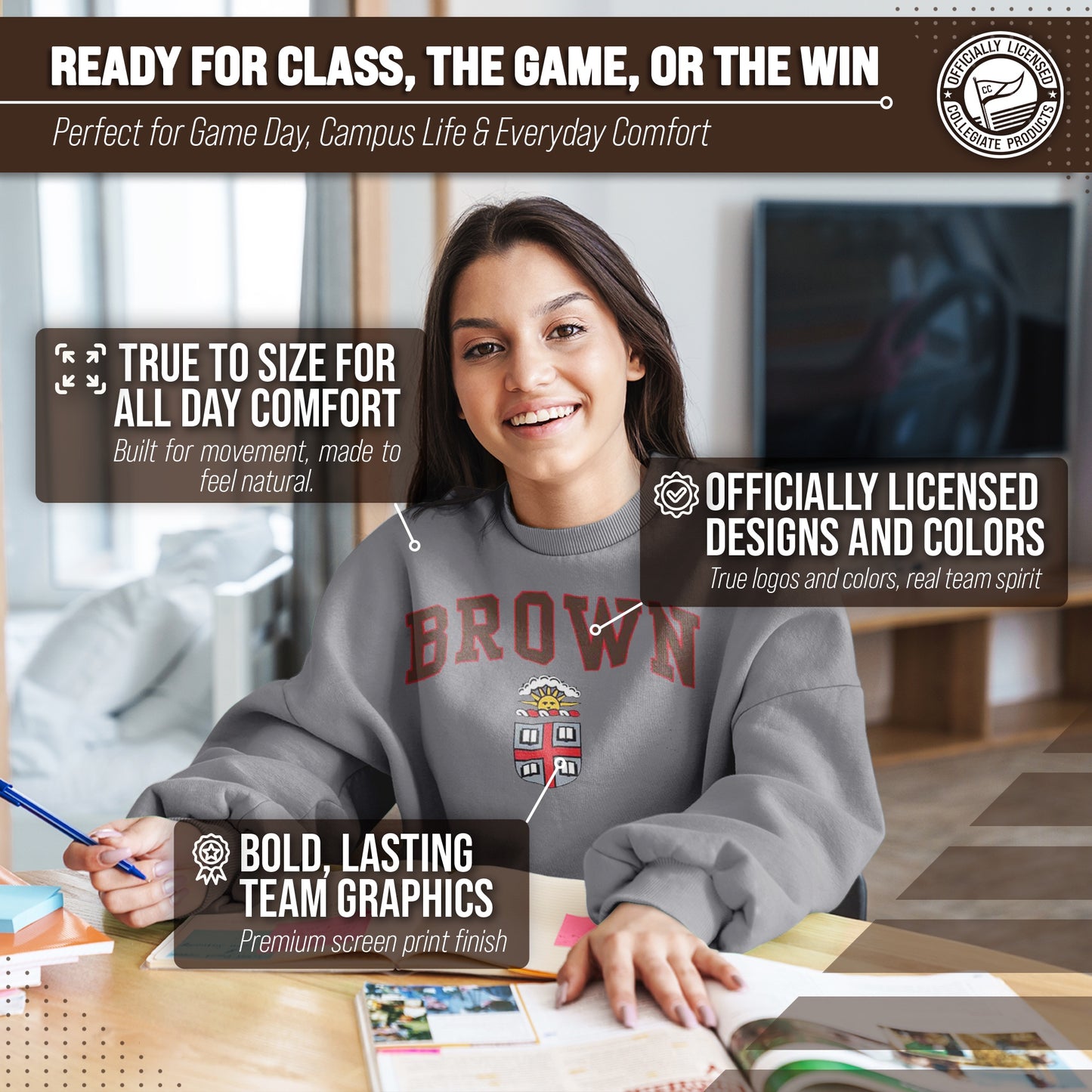 Brown Bears Campus Colors Adult Arch & Logo Soft Style Gameday Crewneck Sweatshirt  - Gray