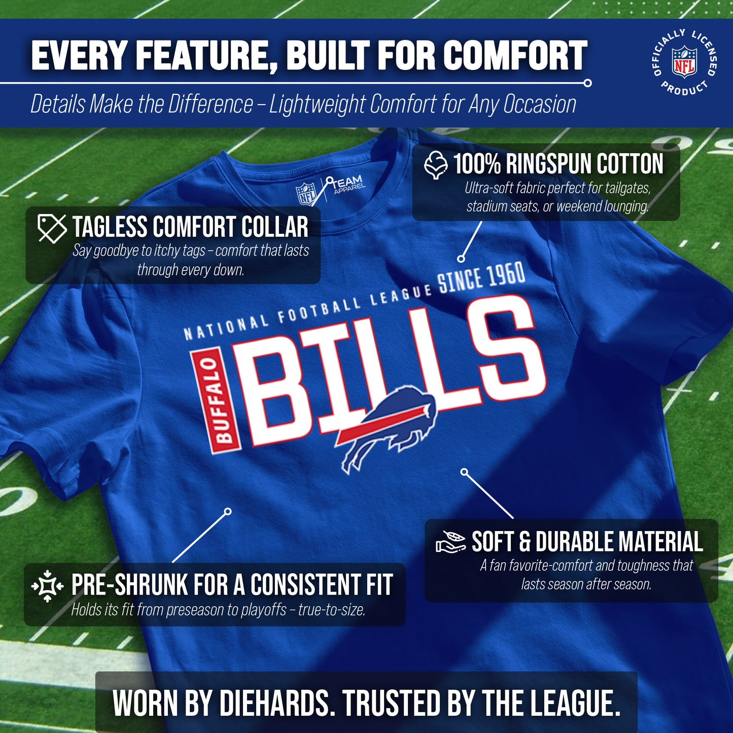 Buffalo Bills NFL Youth Modern Endzone Football T-Shirt Unisex Tag Free Comfortable - Royal