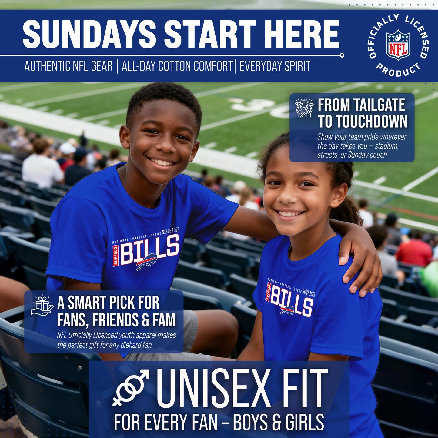 Buffalo Bills NFL Youth Modern Endzone Football T-Shirt Unisex Tag Free Comfortable - Royal