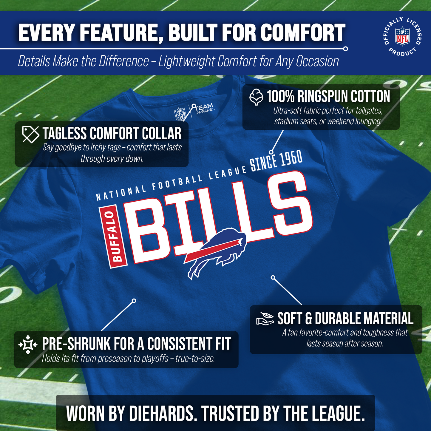 Buffalo Bills NFL Adult Modern Endzone Tag-Less T-Shirt - Royal