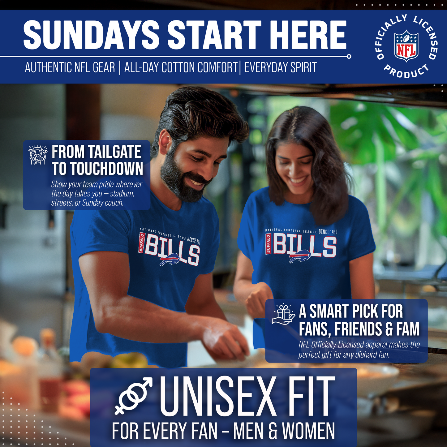 Buffalo Bills NFL Adult Modern Endzone Tag-Less T-Shirt - Royal