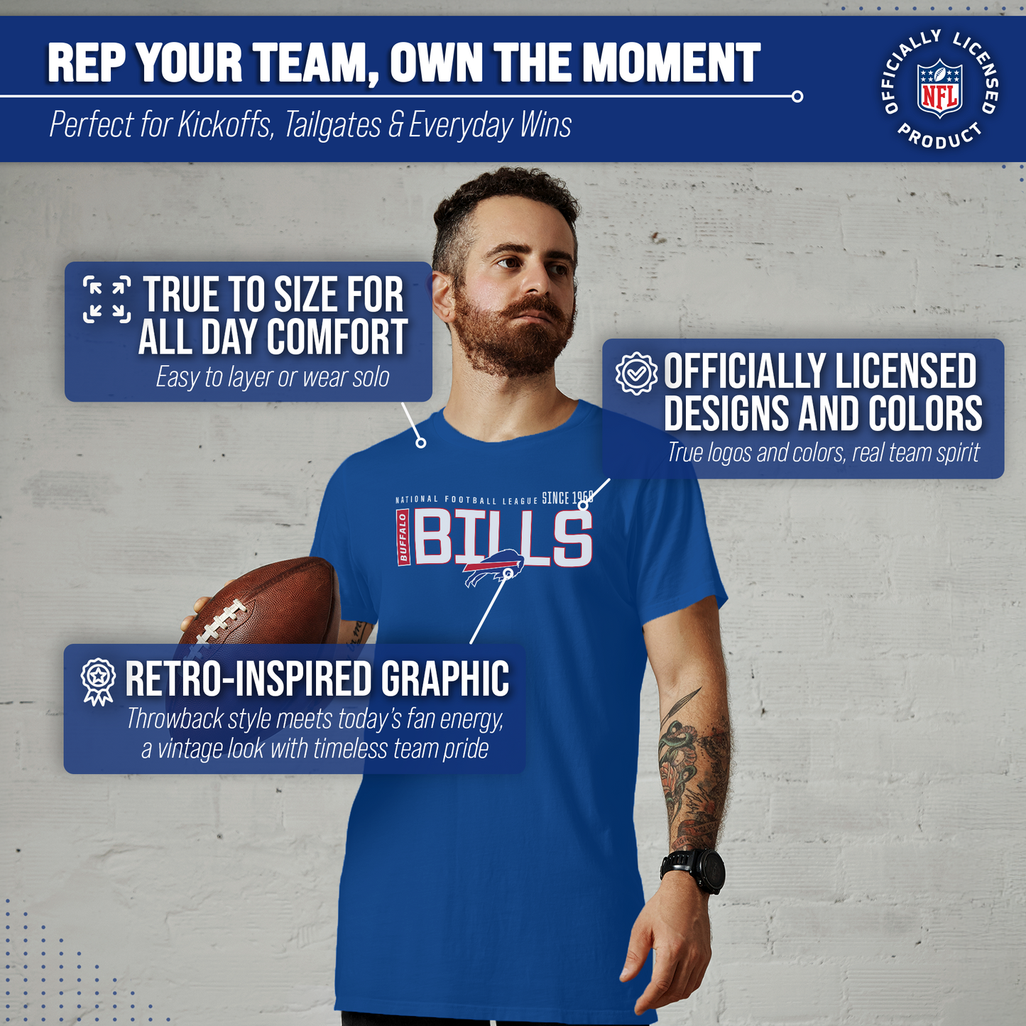 Buffalo Bills NFL Adult Modern Endzone Tag-Less T-Shirt - Royal