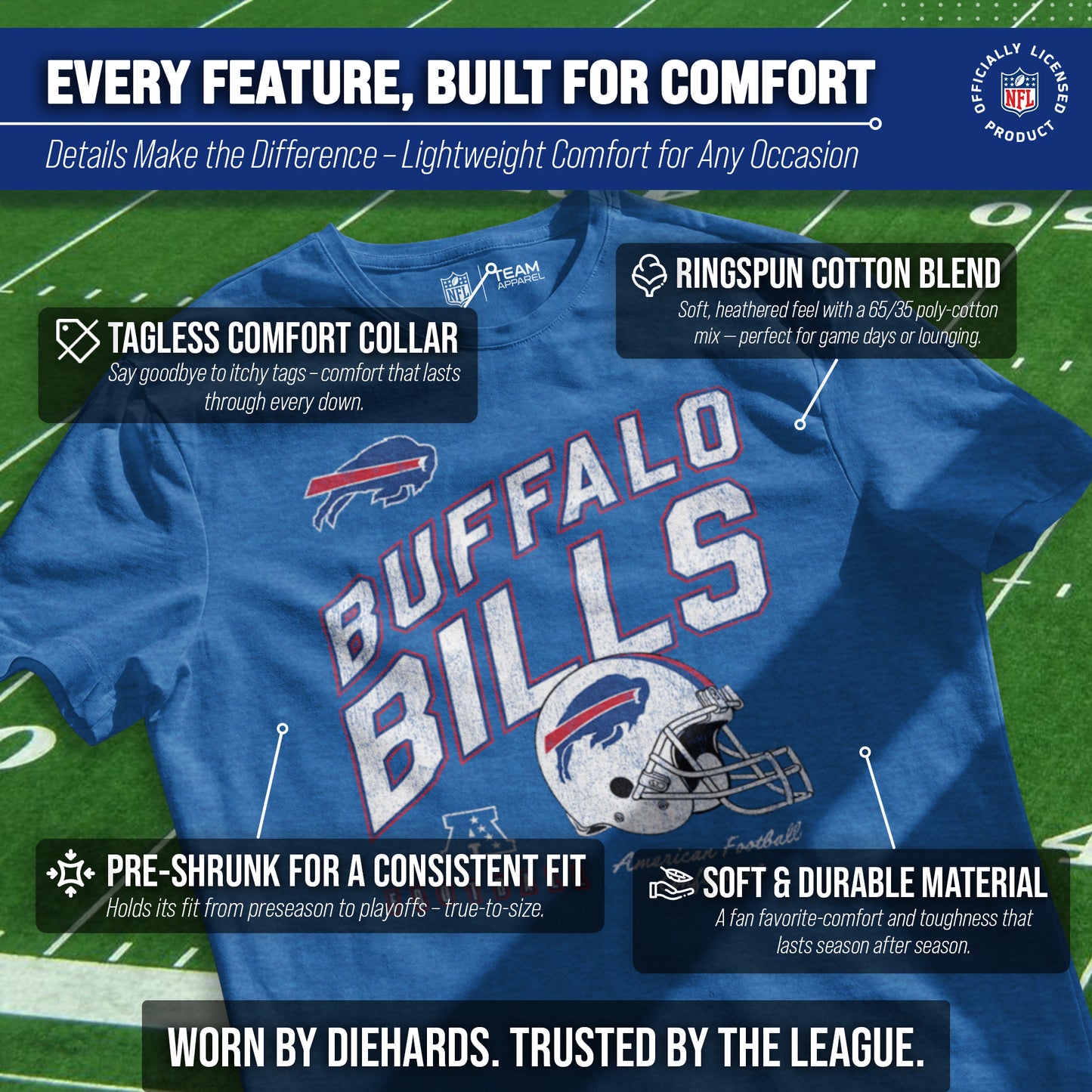 Buffalo Bills NFL Adult Distressed Helmet Tag-Less T-Shirt - Royal Heather