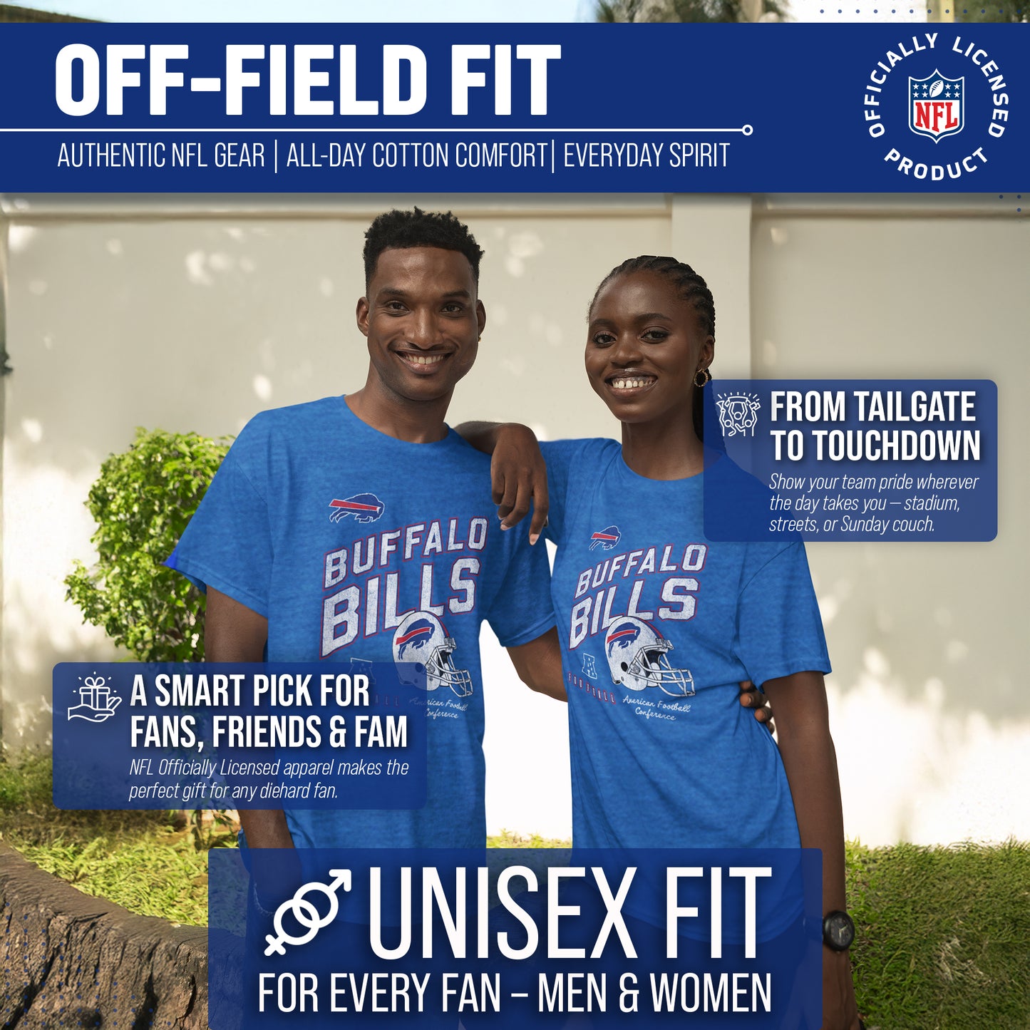 Buffalo Bills NFL Adult Distressed Helmet Tag-Less T-Shirt - Royal Heather