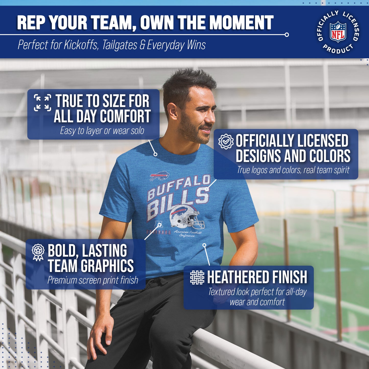 Buffalo Bills NFL Adult Distressed Helmet Tag-Less T-Shirt - Royal Heather