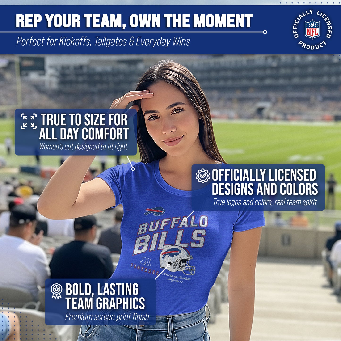 Buffalo Bills NFL Womens Distressed Helmet Tag-Less Soft T-Shirt - Royal Heather