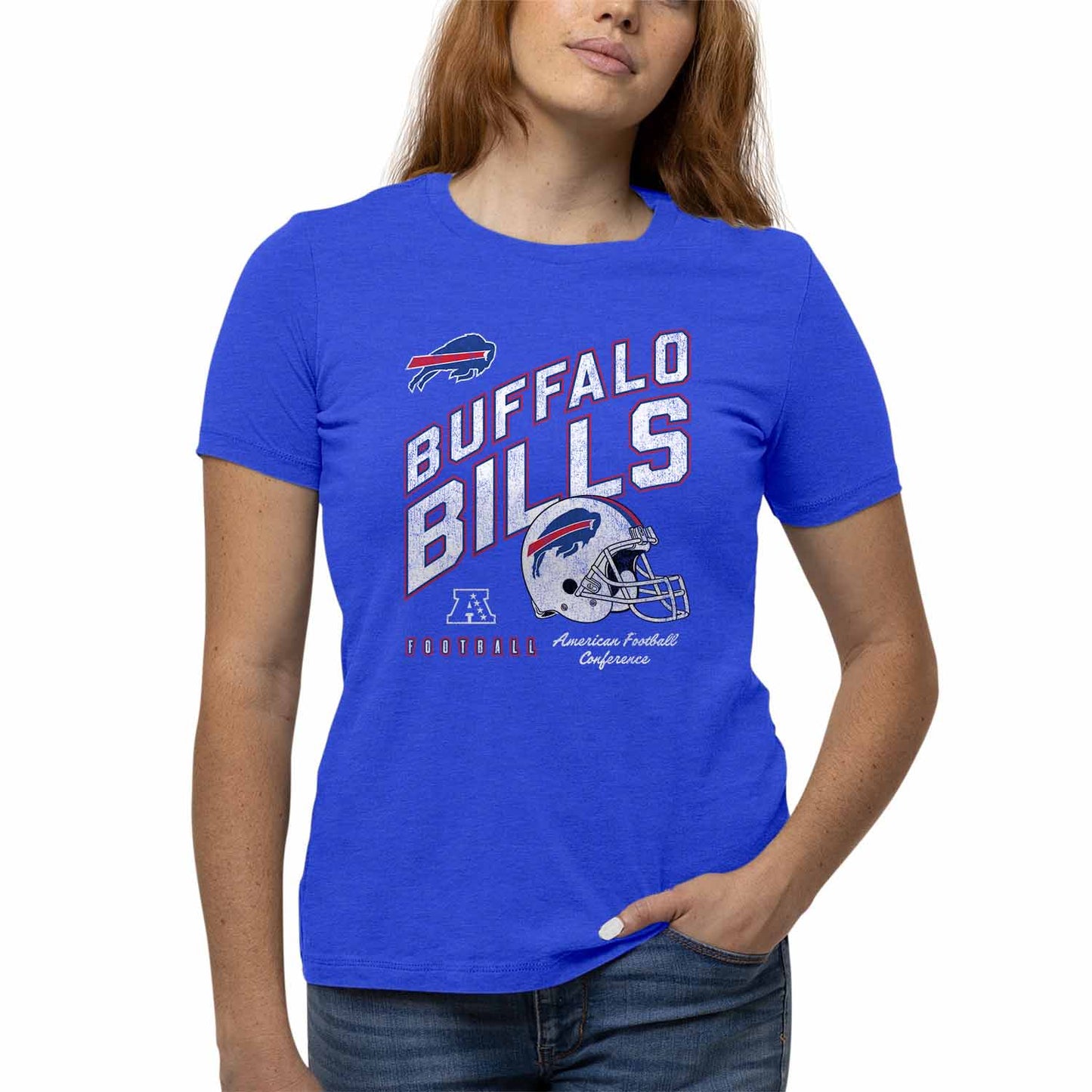Buffalo Bills NFL Womens Distressed Helmet Tag-Less Soft T-Shirt - Royal Heather