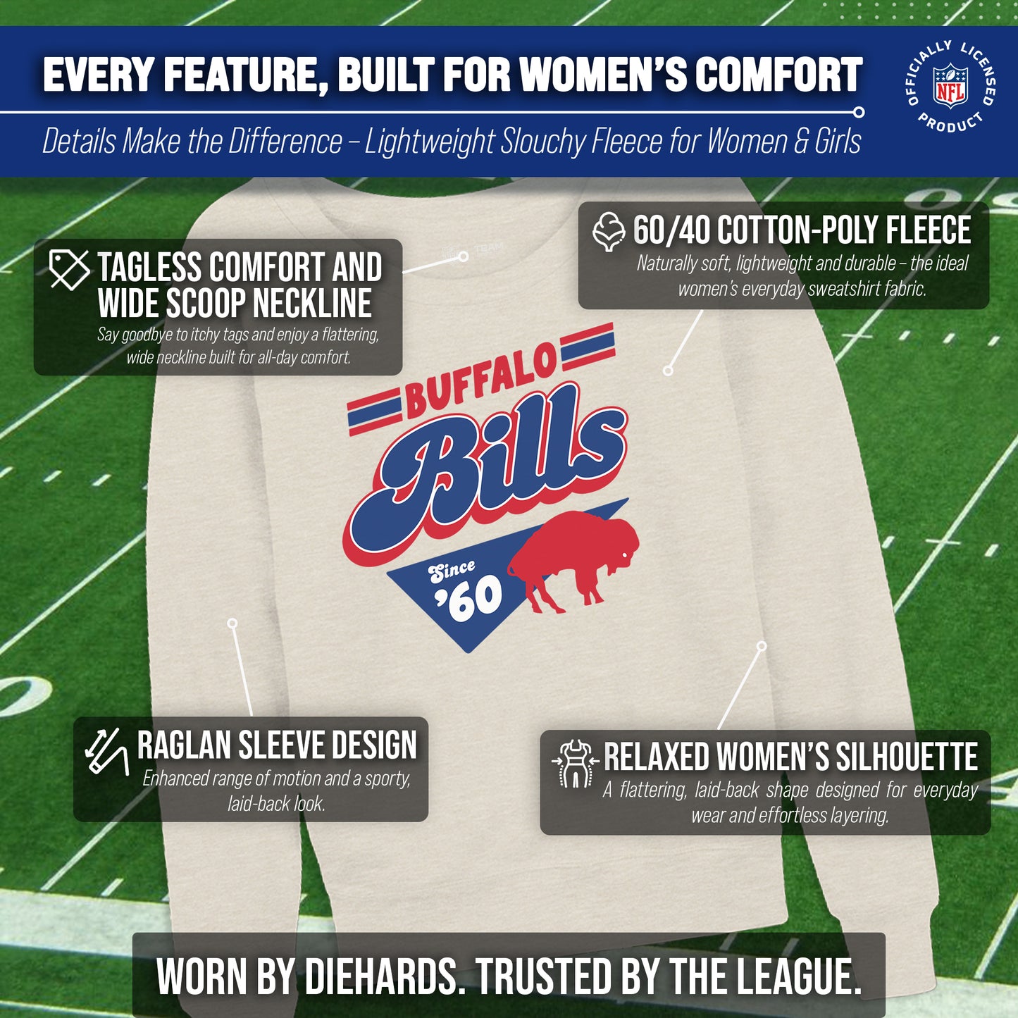 Buffalo Bills NFL Womens Vintage Charm French Terry Slouchy Top - Birch