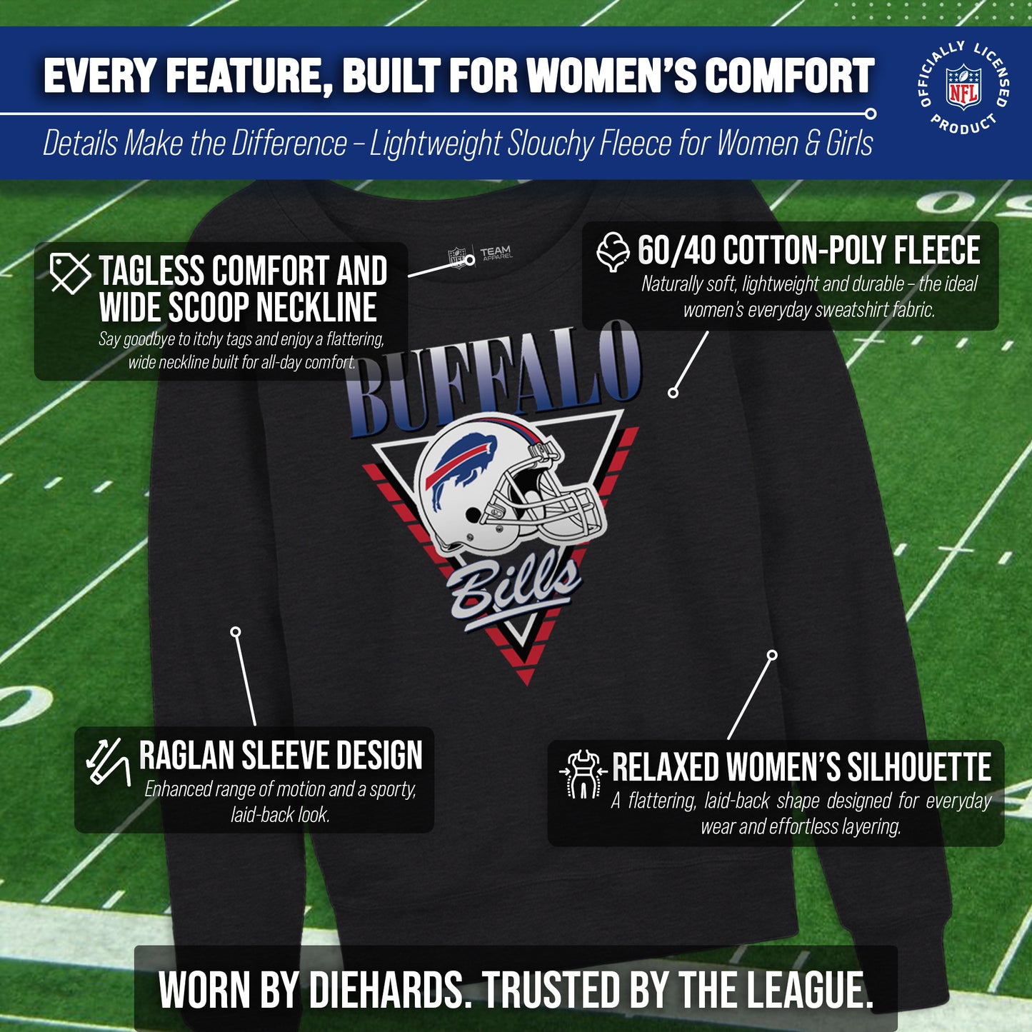 Buffalo Bills NFL Womens Retro Triangle Slouchy Crewneck - Heather Charcoal