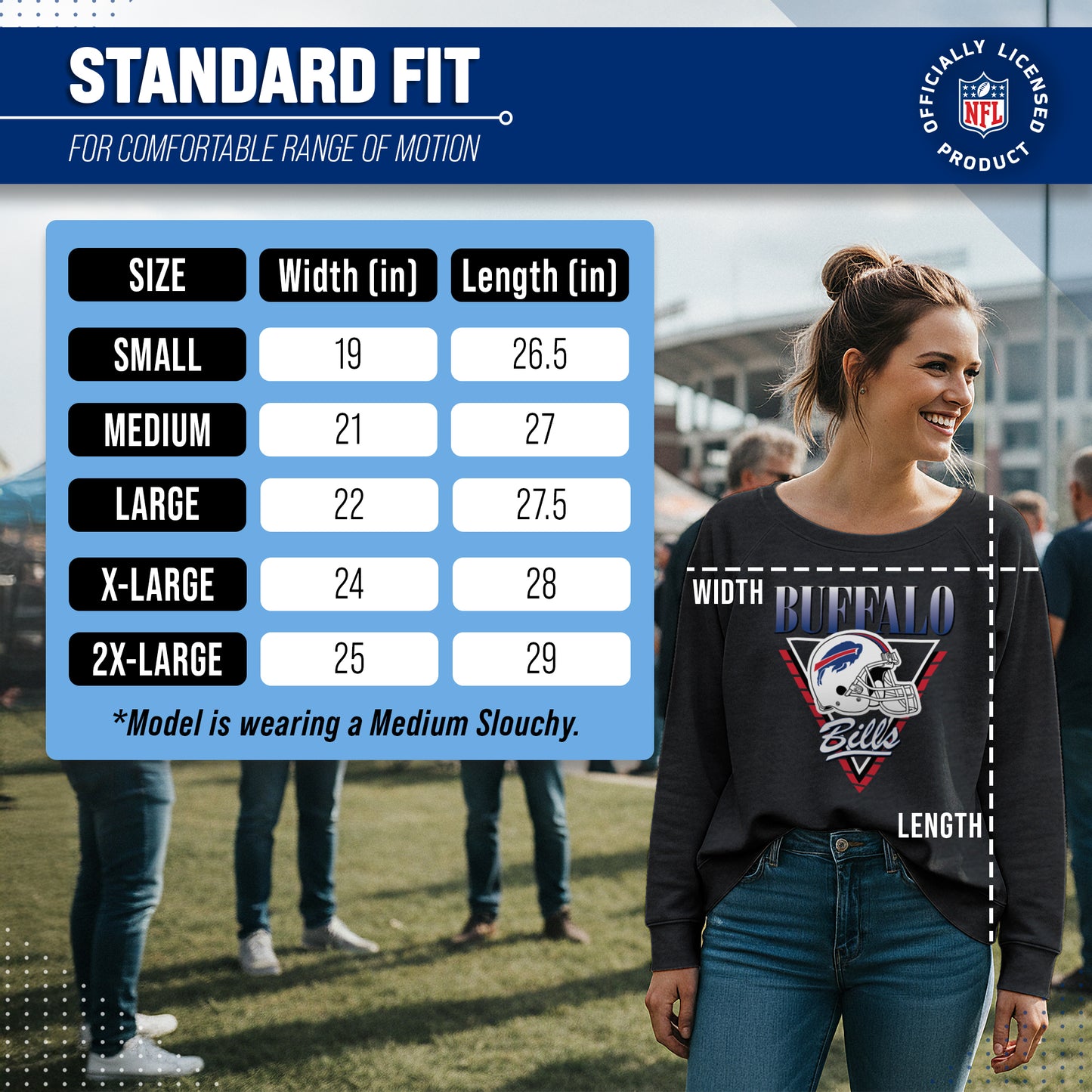 Buffalo Bills NFL Womens Retro Triangle Slouchy Crewneck - Heather Charcoal