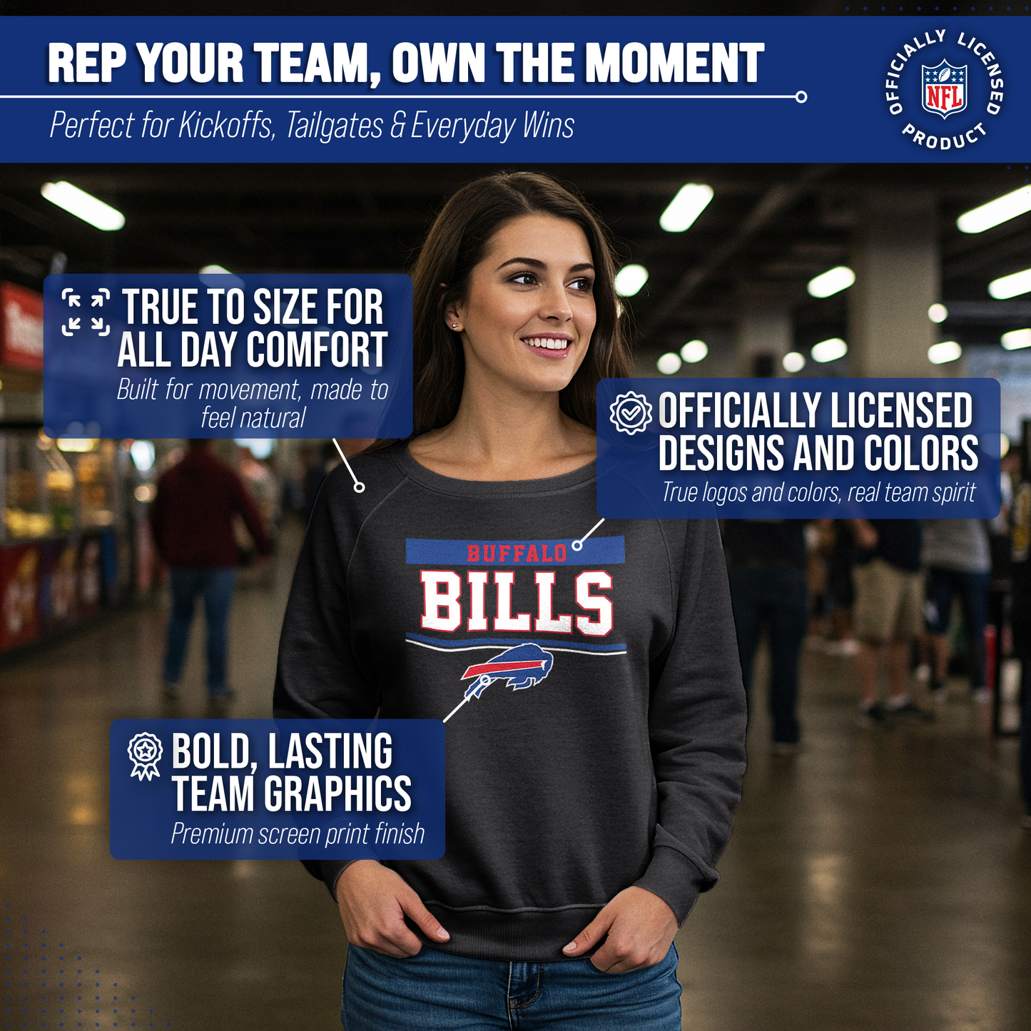 Buffalo Bills NFL Womens Charcoal Crew Neck Football Apparel - Charcoal